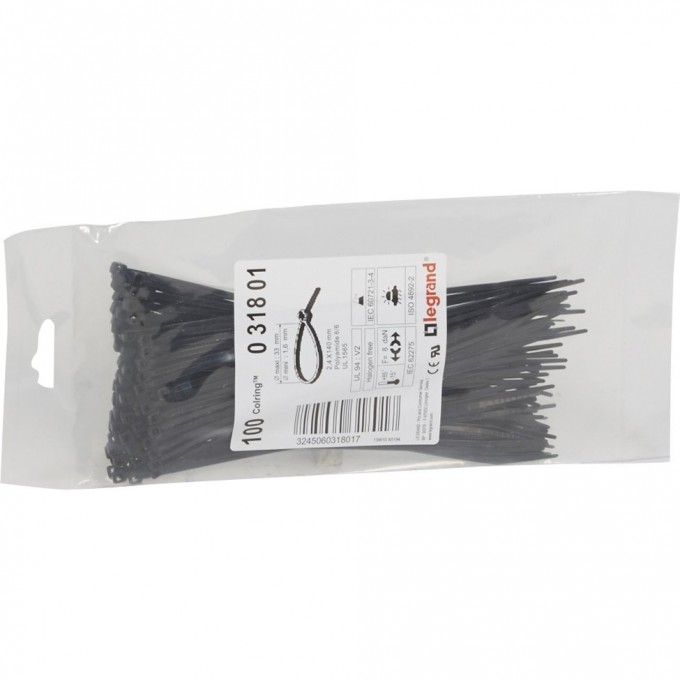 Монтажный хомут LEGRAND Colring ширина 2.4 мм длина 140 мм пакет 100 шт чёрный 031801